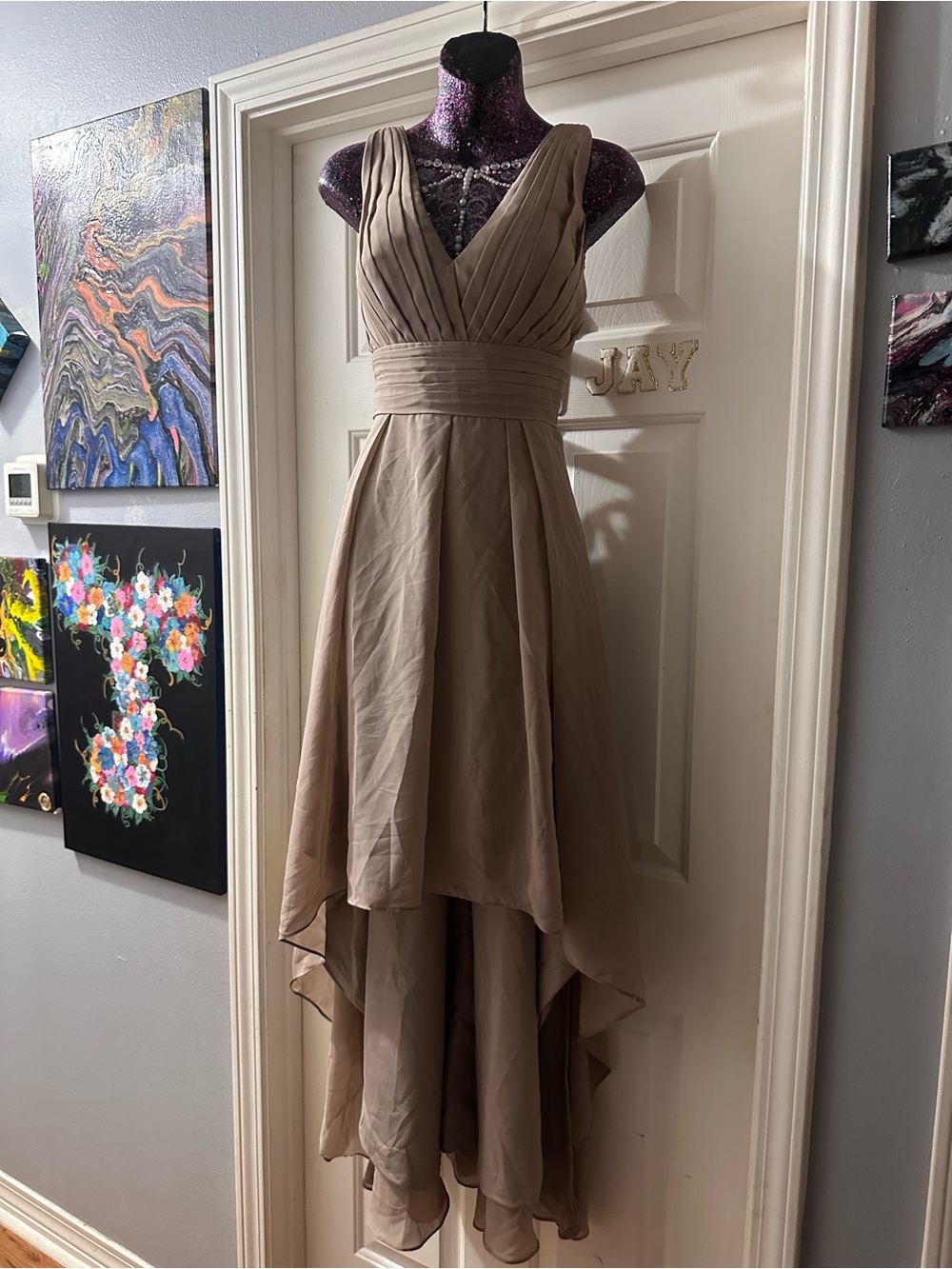 Sleeveless High-Low V-Neck Dress in Taupe